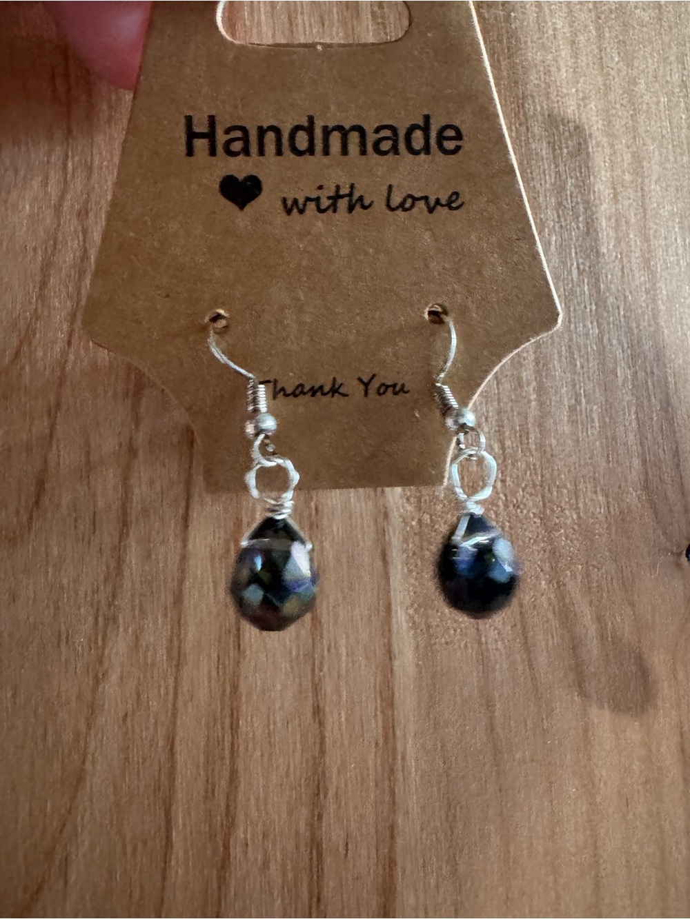 Handmade Iridescent Black Teardrop Dangle Earrings